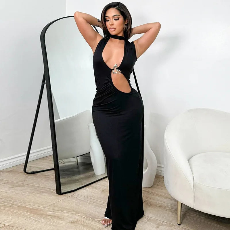 Elegant Hollow Out Halter Metal Decoration Sleeveless Slim Long Dress