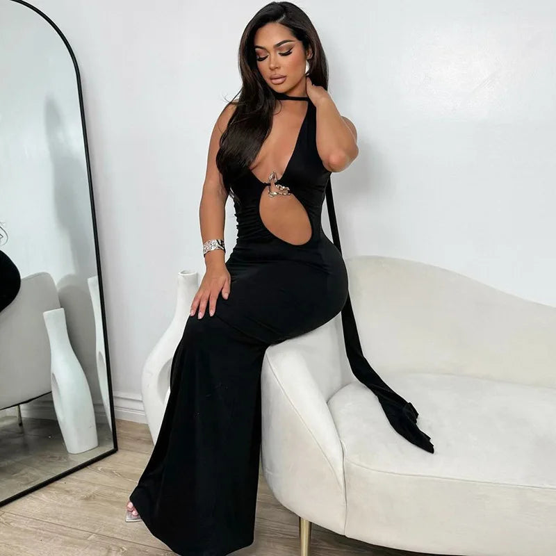 Elegant Hollow Out Halter Metal Decoration Sleeveless Slim Long Dress