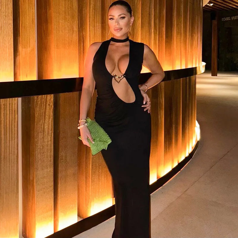 Elegant Hollow Out Halter Metal Decoration Sleeveless Slim Long Dress