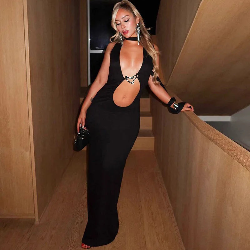 Elegant Hollow Out Halter Metal Decoration Sleeveless Slim Long Dress