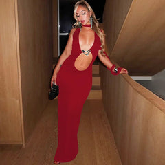 Elegant Hollow Out Halter Metal Decoration Sleeveless Slim Long Dress