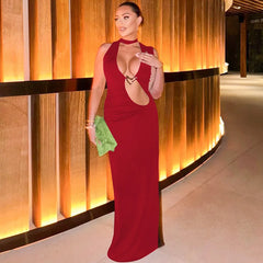 Elegant Hollow Out Halter Metal Decoration Sleeveless Slim Long Dress