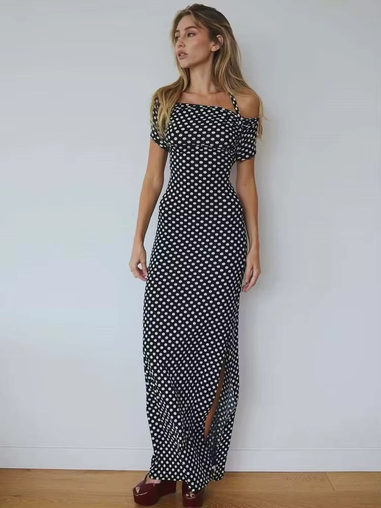 Elegant Hollow Out Halter Print Polka Dot High Slit Evening Party Maxi Dress