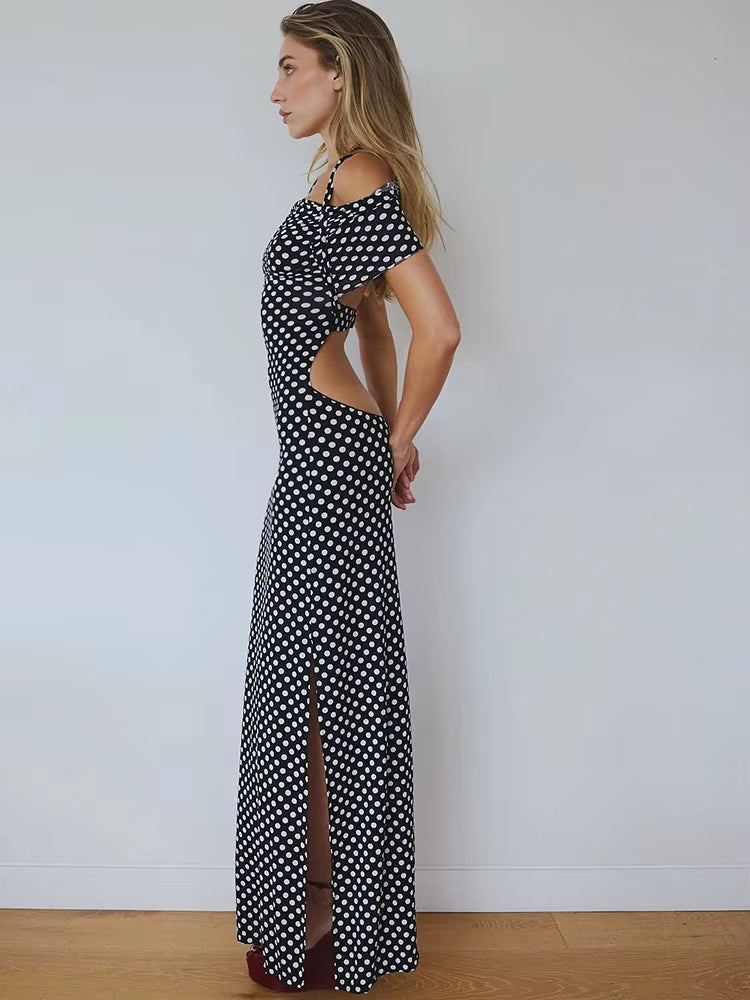 Elegant Hollow Out Halter Print Polka Dot High Slit Evening Party Maxi Dress
