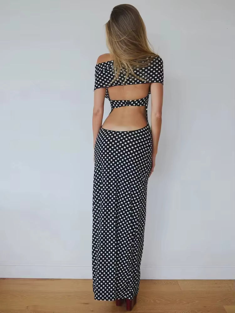 Elegant Hollow Out Halter Print Polka Dot High Slit Evening Party Maxi Dress
