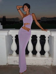 Elegant Hollow Out Incline Shoulder Solid Body-shaping Maxi Dress