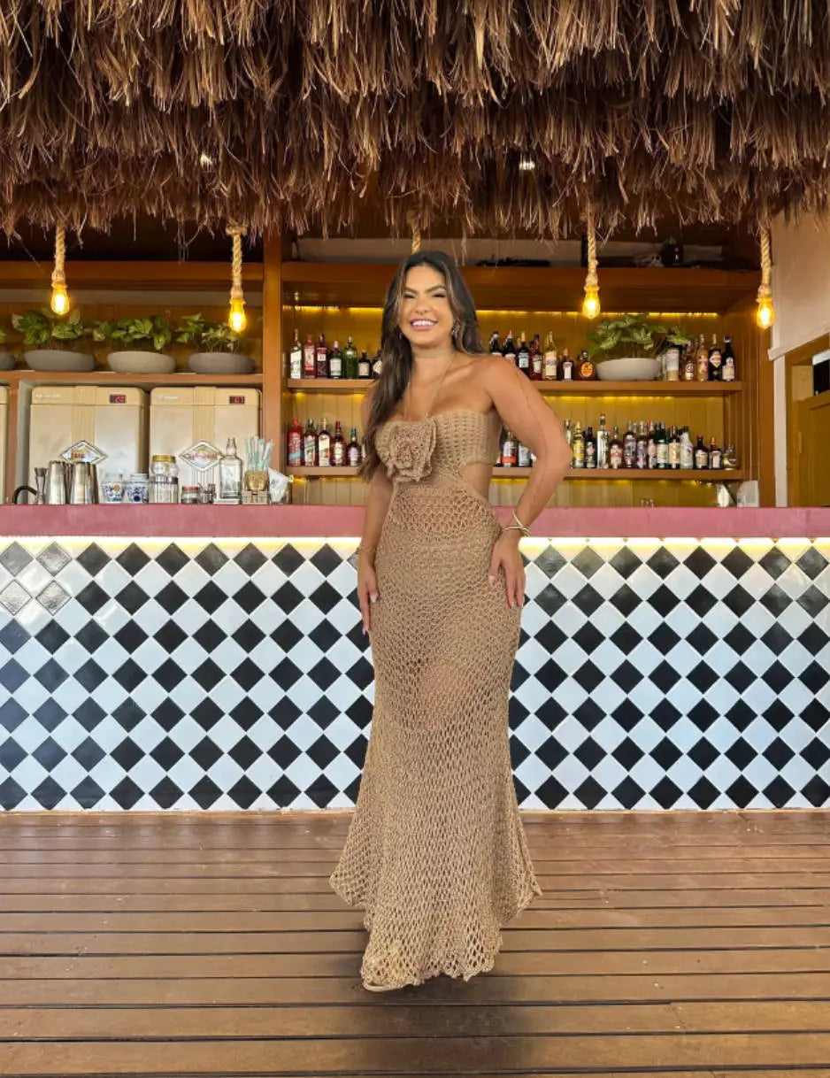 Elegant Hollow Out Knitted Ankle-Length Maxi Dress Club Outfits