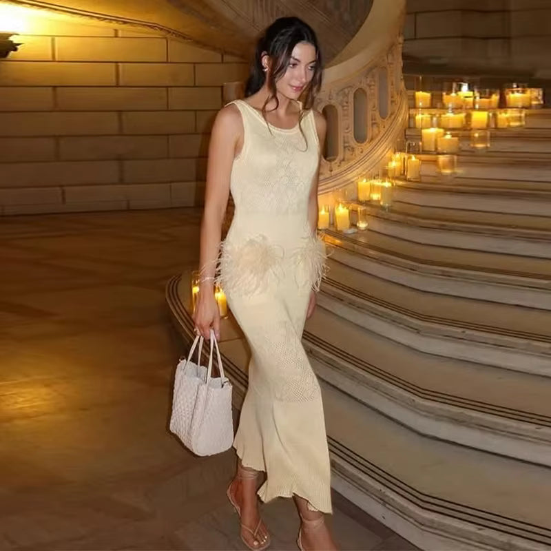 Elegant Hollow Out Knitted Feather Long Mermaid Sleeveless Dress