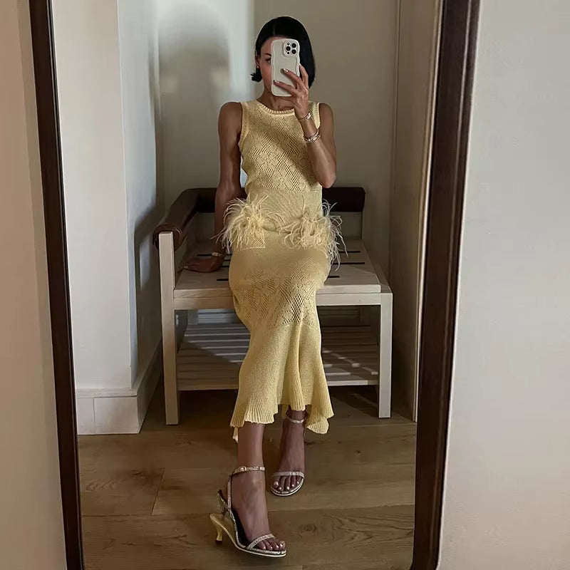 Elegant Hollow Out Knitted Feather Long Mermaid Sleeveless Dress