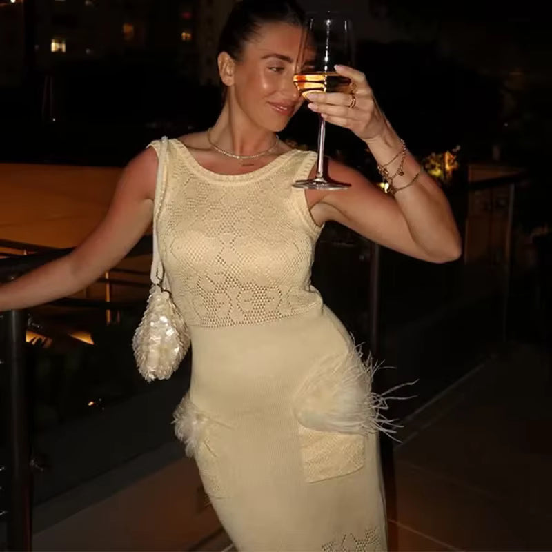 Elegant Hollow Out Knitted Feather Long Mermaid Sleeveless Dress