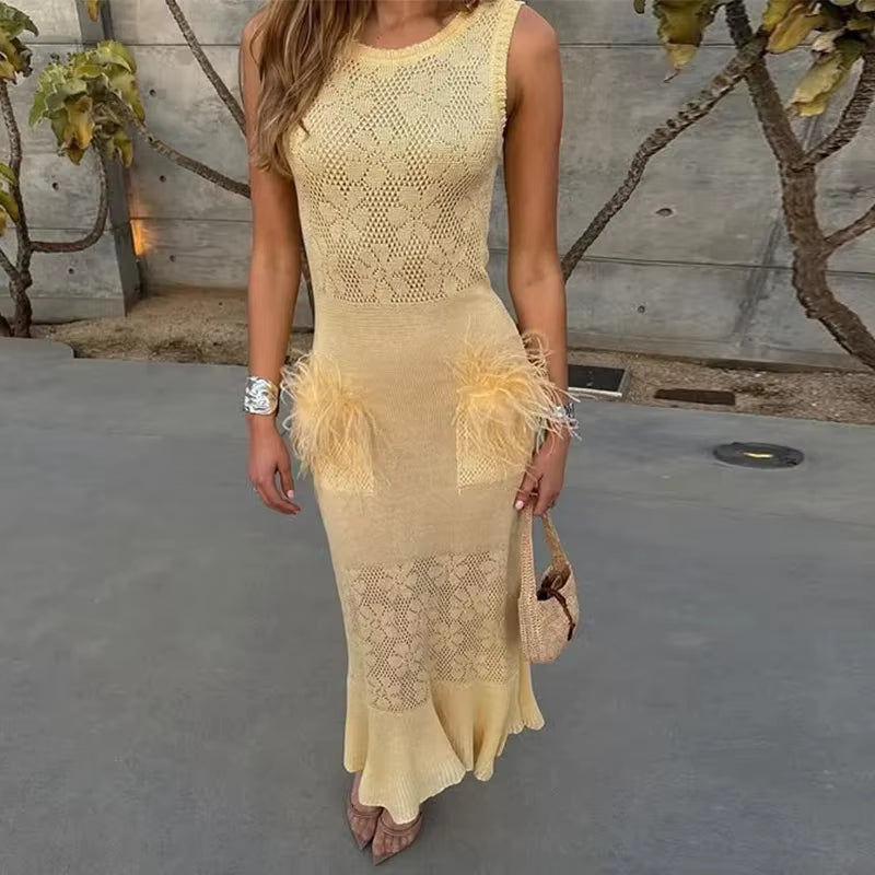 Elegant Hollow Out Knitted Feather Long Mermaid Sleeveless Dress