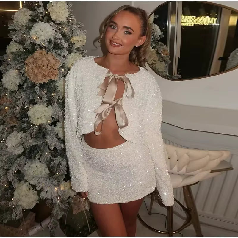 Elegant Hollow Out Lace Up Top A-line Mini Skirt Sequin Bow Shirt