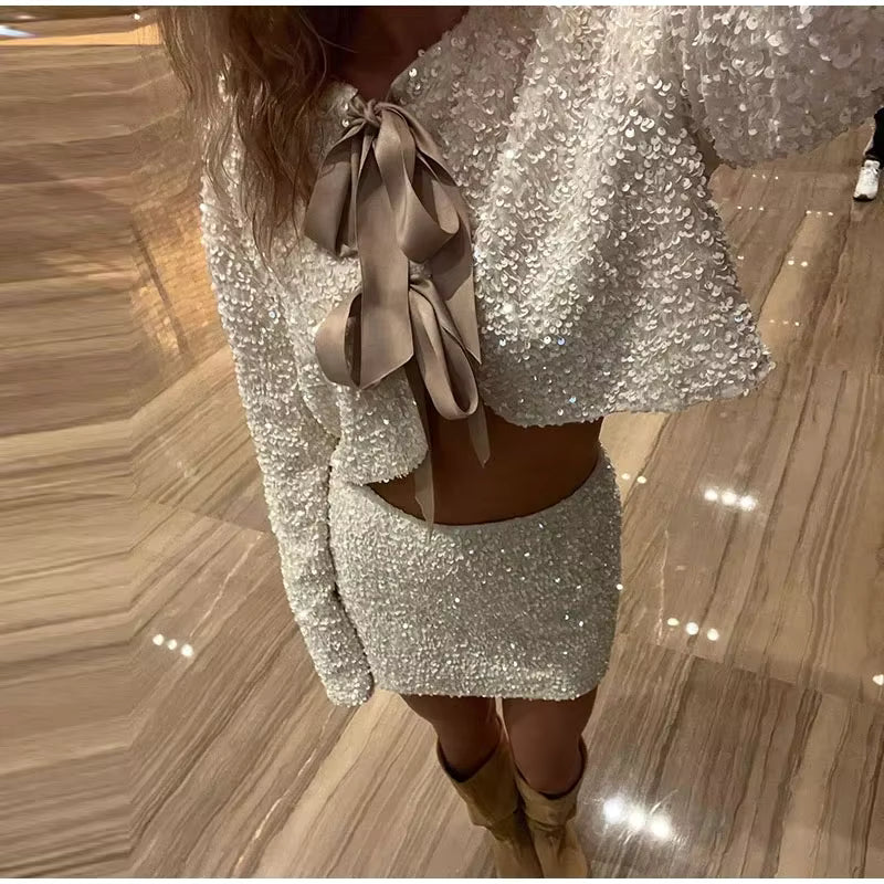 Elegant Hollow Out Lace Up Top A-line Mini Skirt Sequin Bow Shirt