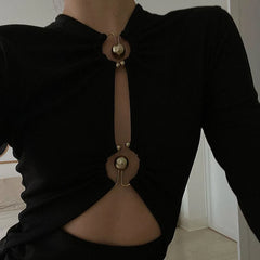 Elegant Hollow Out Long Sleeve Bodysuit Metal Ring Folds Tops