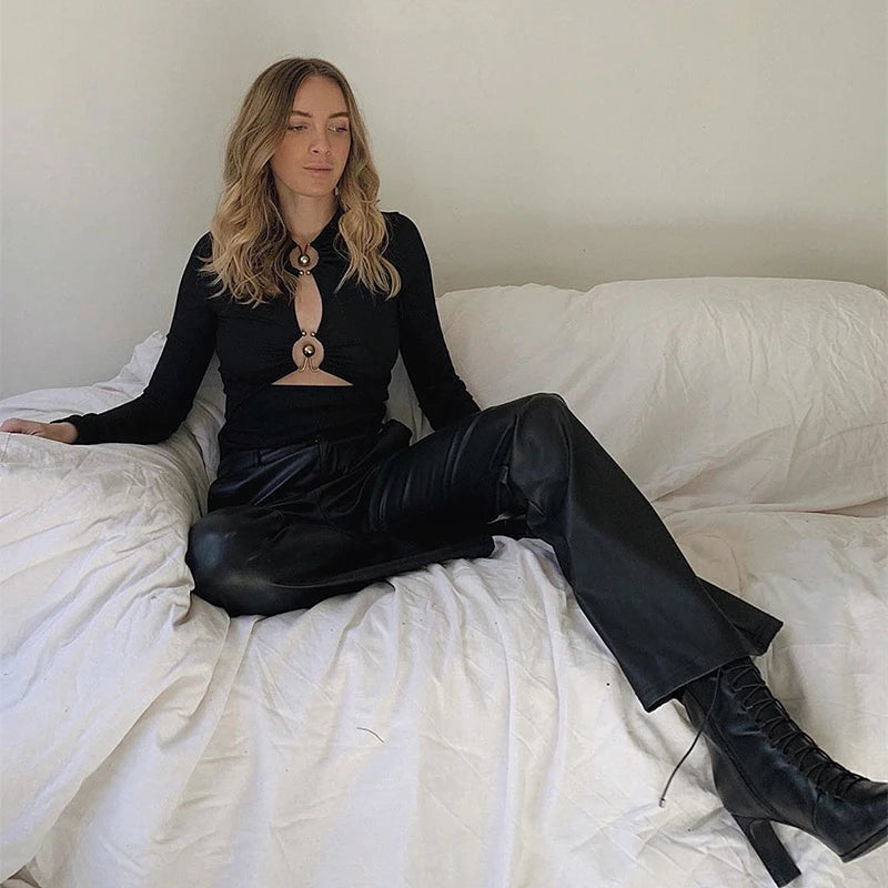 Elegant Hollow Out Long Sleeve Bodysuit Metal Ring Folds Tops