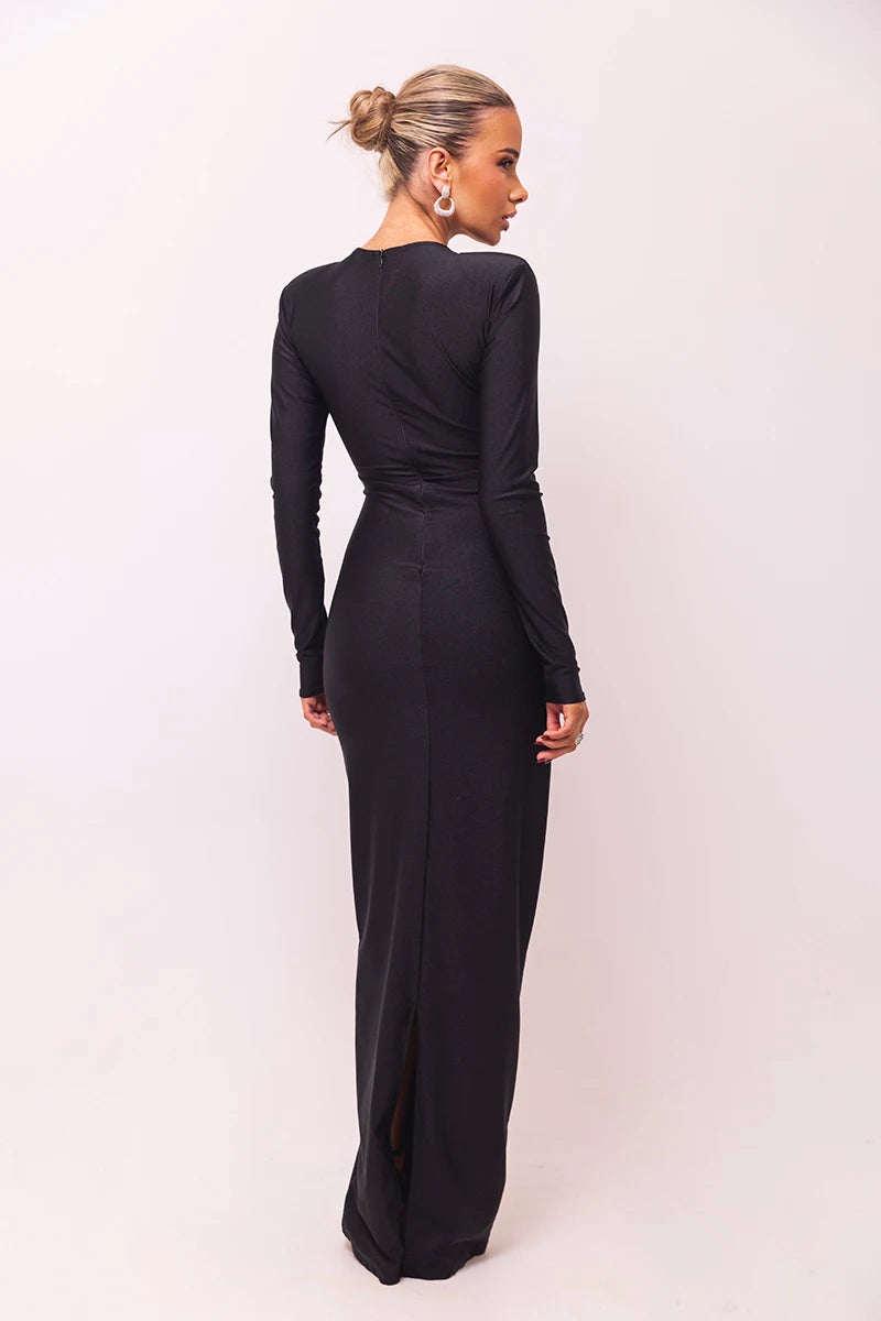 Elegant Hollow Out Long Sleeve Solid Ruched Club Evening Long Bodycon Dress