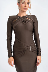 Elegant Hollow Out Long Sleeve Solid Ruched Club Evening Long Bodycon Dress