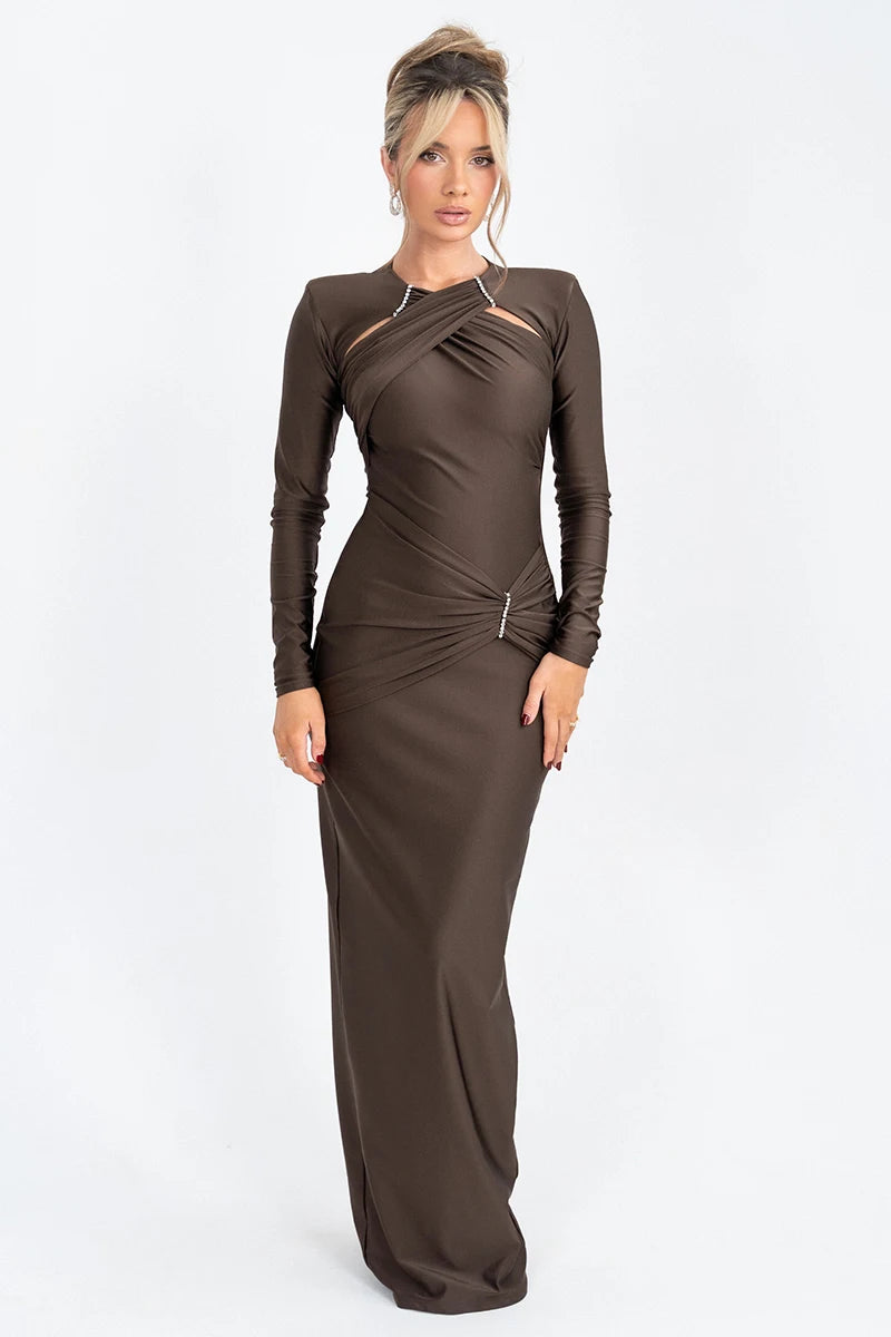 Elegant Hollow Out Long Sleeve Solid Ruched Club Evening Long Bodycon Dress