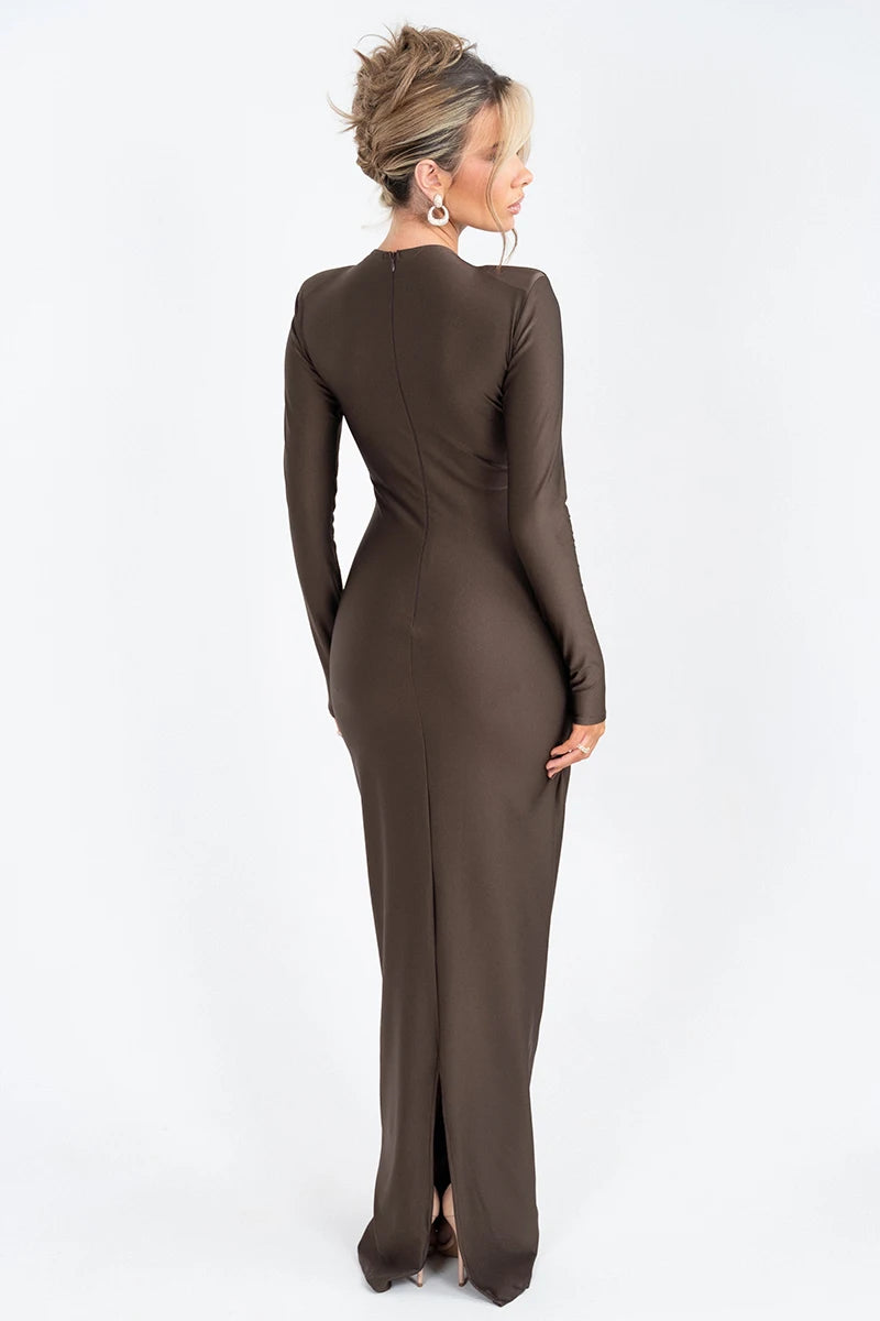 Elegant Hollow Out Long Sleeve Solid Ruched Club Evening Long Bodycon Dress