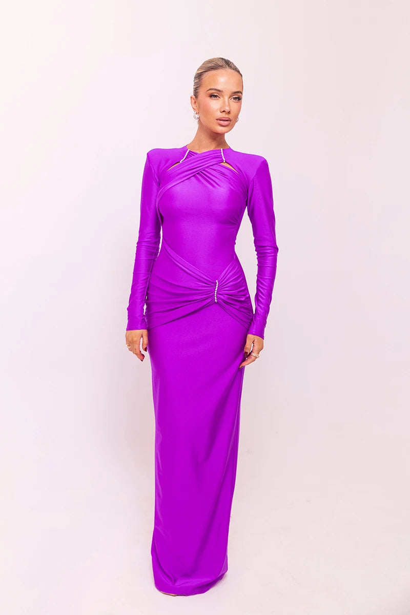 Elegant Hollow Out Long Sleeve Solid Ruched Club Evening Long Bodycon Dress