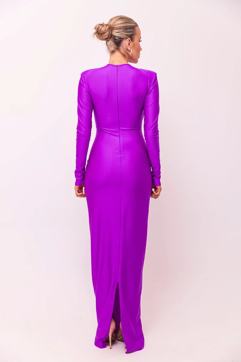 Elegant Hollow Out Long Sleeve Solid Ruched Club Evening Long Bodycon Dress