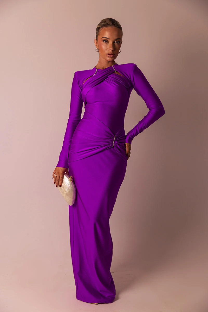 Elegant Hollow Out Long Sleeve Solid Ruched Club Evening Long Bodycon Dress