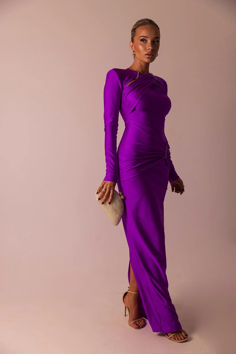 Elegant Hollow Out Long Sleeve Solid Ruched Club Evening Long Bodycon Dress