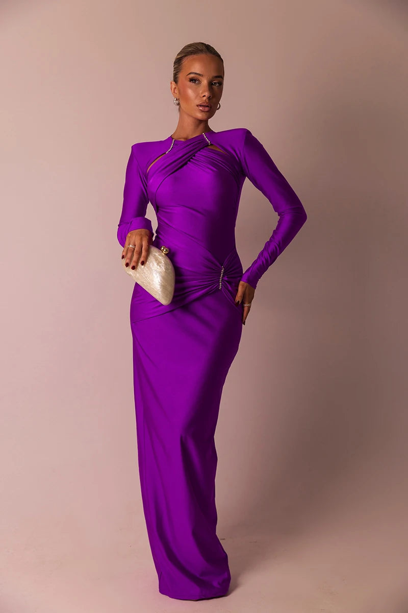 Elegant Hollow Out Long Sleeve Solid Ruched Club Evening Long Bodycon Dress