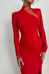 Elegant Hollow Out Mesh Patchwork Thigh High Split Bodycon Maxi Dress