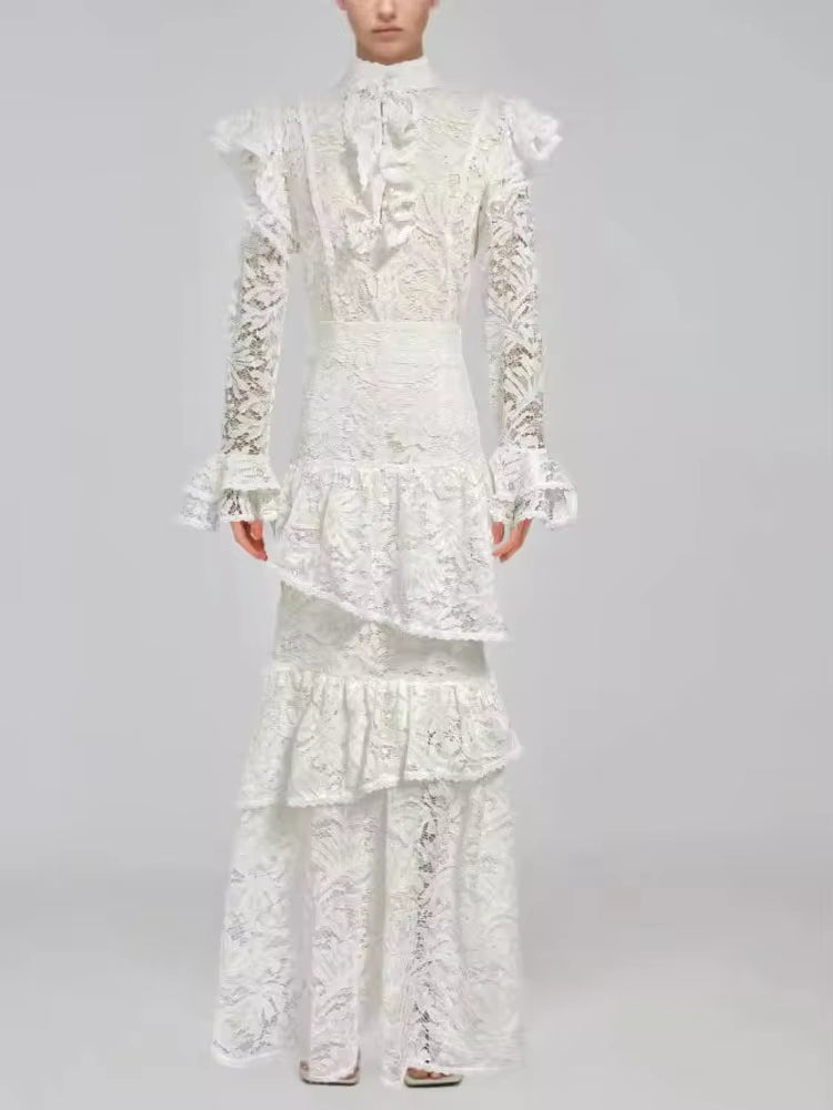 Elegant Hollow Out Patchwork High Waist Flare With Belt Maxi Dress