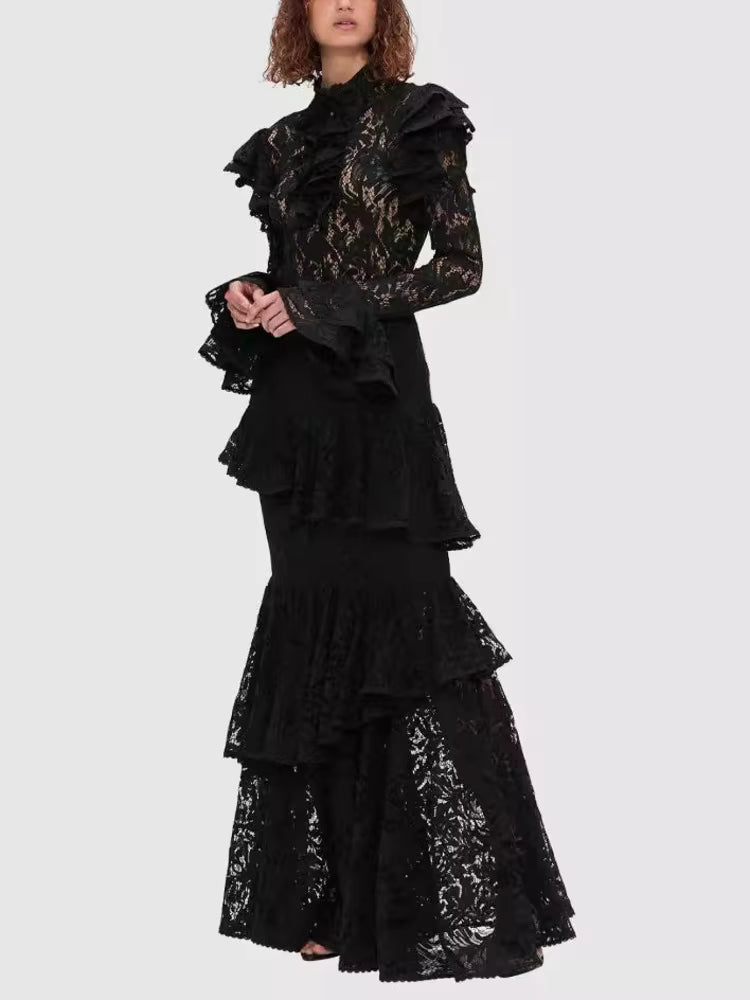 Elegant Hollow Out Patchwork High Waist Flare With Belt Maxi Dress