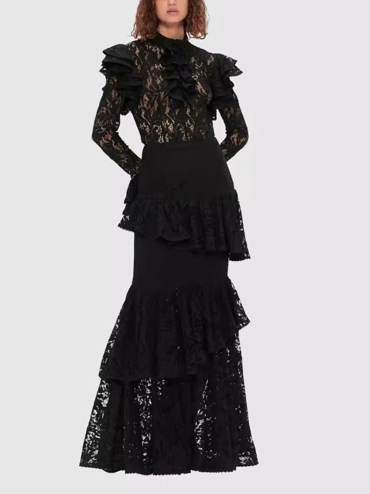 Elegant Hollow Out Patchwork High Waist Flare With Belt Maxi Dress