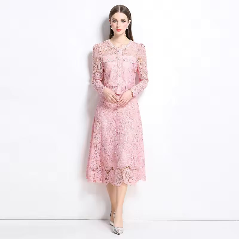 Elegant Hollow Out Pearl Embroidery Lace Top Midi Skirt Outfits Party Evening 2 Piece Sets