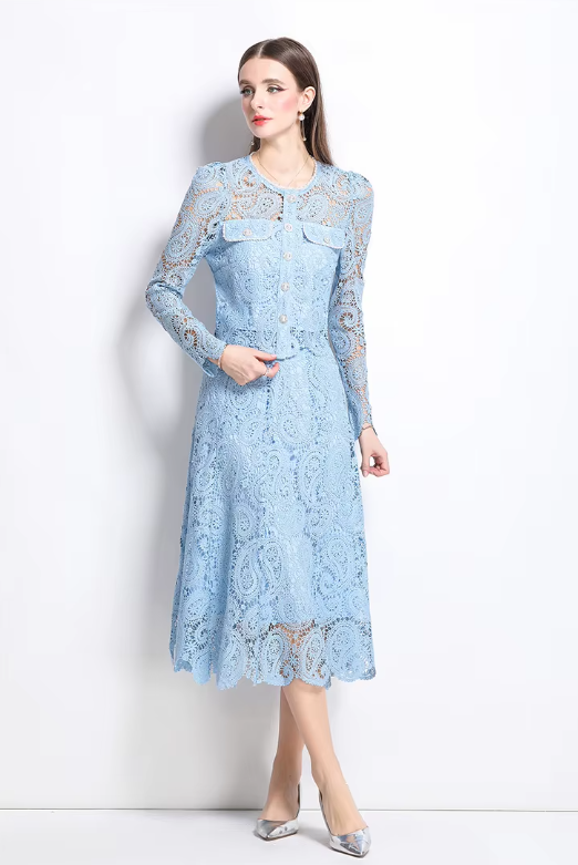 Elegant Hollow Out Pearl Embroidery Lace Top Midi Skirt Outfits Party Evening 2 Piece Sets