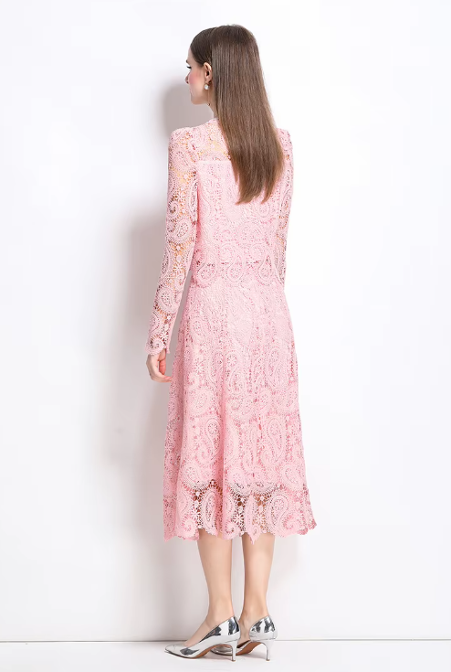 Elegant Hollow Out Pearl Embroidery Lace Top Midi Skirt Outfits Party Evening 2 Piece Sets