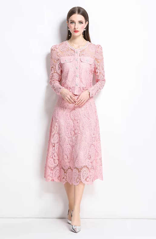 Elegant Hollow Out Pearl Embroidery Lace Top Midi Skirt Outfits Party Evening 2 Piece Sets