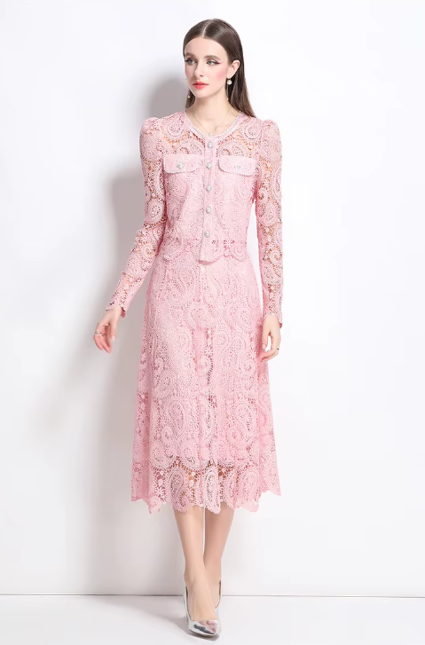 Elegant Hollow Out Pearl Embroidery Lace Top Midi Skirt Outfits Party Evening 2 Piece Sets