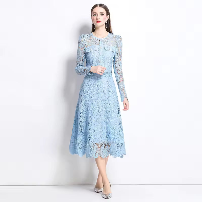 Elegant Hollow Out Pearl Embroidery Lace Top Midi Skirt Outfits Party Evening 2 Piece Sets