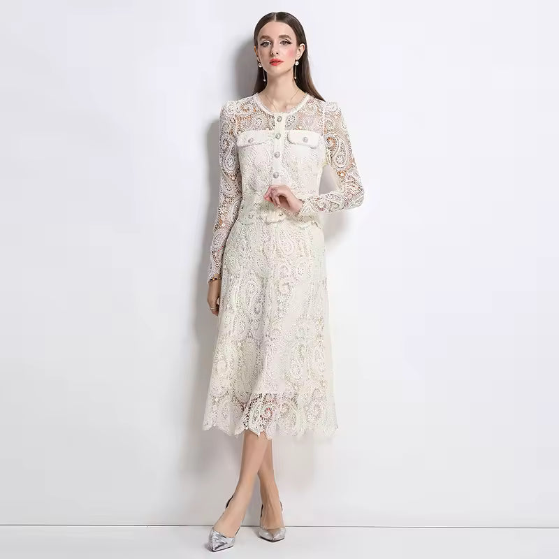 Elegant Hollow Out Pearl Embroidery Lace Top Midi Skirt Outfits Party Evening 2 Piece Sets