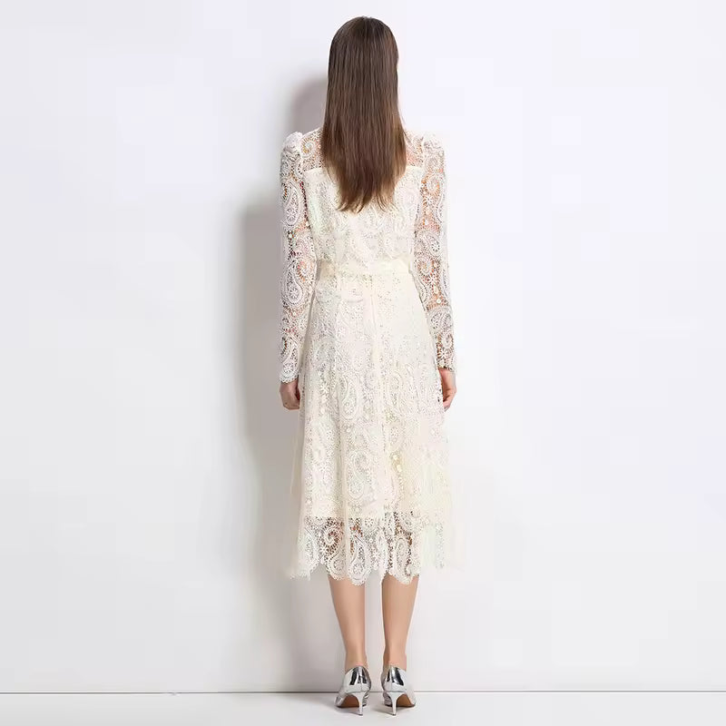 Elegant Hollow Out Pearl Embroidery Lace Top Midi Skirt Outfits Party Evening 2 Piece Sets