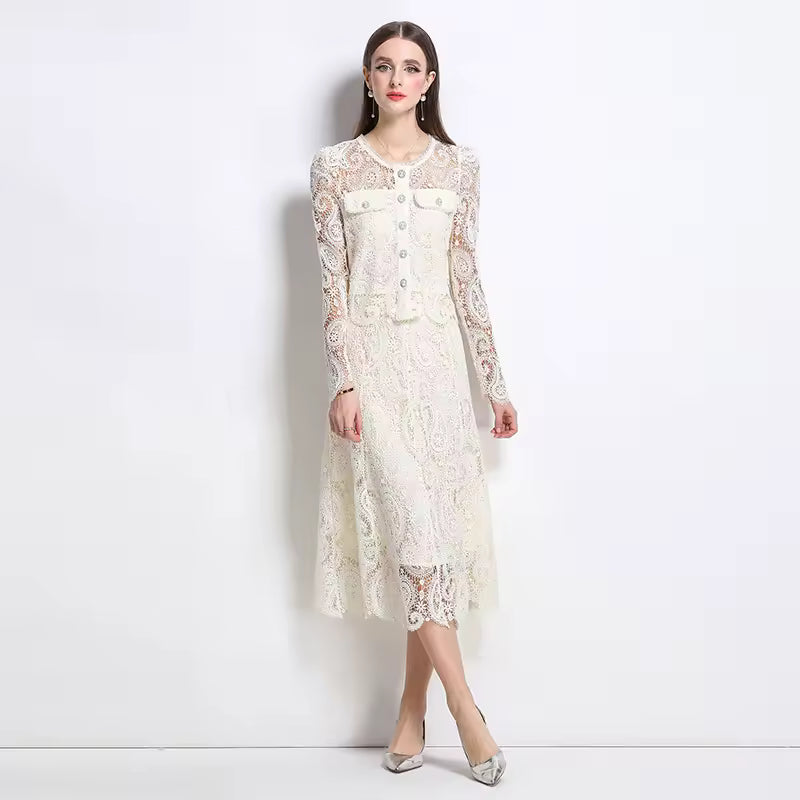 Elegant Hollow Out Pearl Embroidery Lace Top Midi Skirt Outfits Party Evening 2 Piece Sets