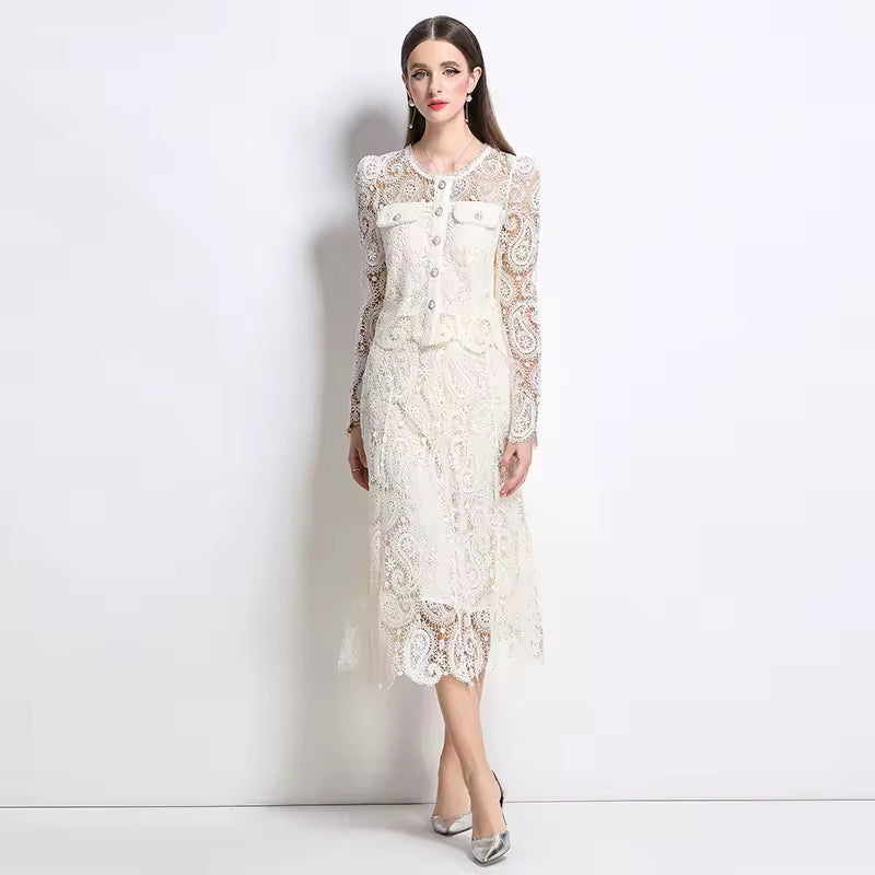 Elegant Hollow Out Pearl Embroidery Lace Top Midi Skirt Outfits Party Evening 2 Piece Sets