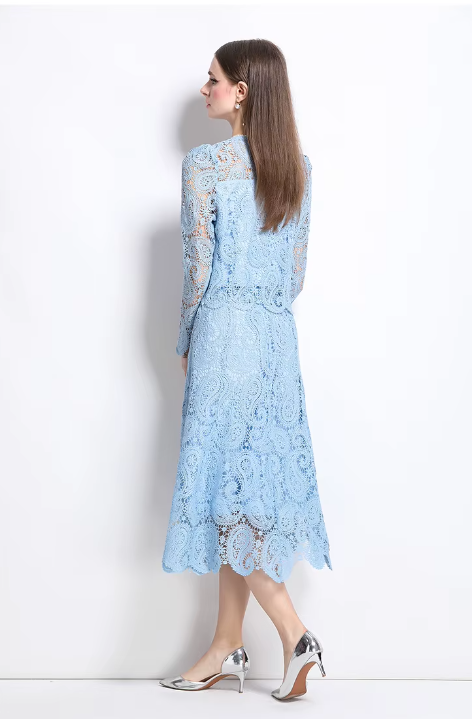 Elegant Hollow Out Pearl Embroidery Lace Top Midi Skirt Outfits Party Evening 2 Piece Sets