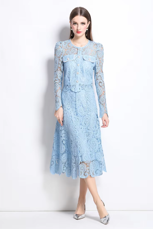 Elegant Hollow Out Pearl Embroidery Lace Top Midi Skirt Outfits Party Evening 2 Piece Sets