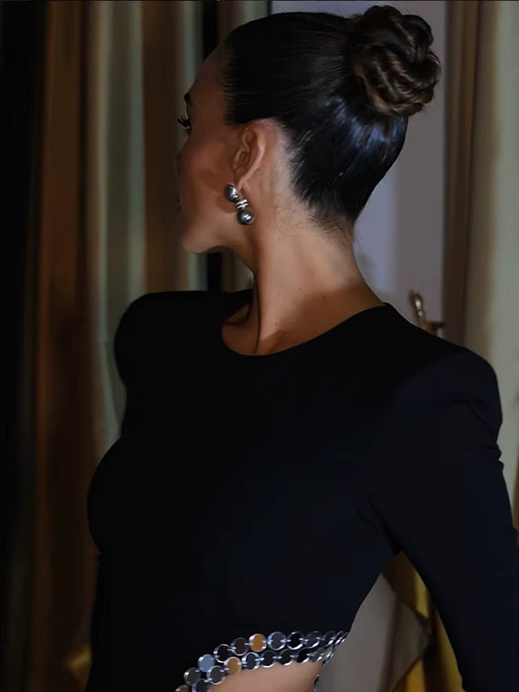 Elegant Hollow Out Round Neck Sequin Shoulder High Slit Maxi Dress