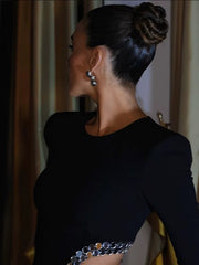 Elegant Hollow Out Round Neck Sequin Shoulder High Slit Maxi Dress