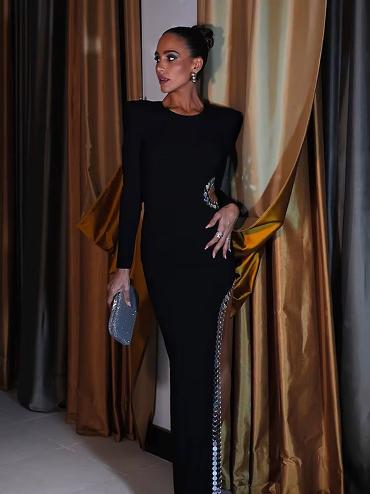 Elegant Hollow Out Round Neck Sequin Shoulder High Slit Maxi Dress