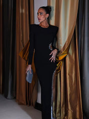 Elegant Hollow Out Round Neck Sequin Shoulder High Slit Maxi Dress