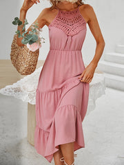 Elegant Hollow Out Ruffle High Waist Midi Dress