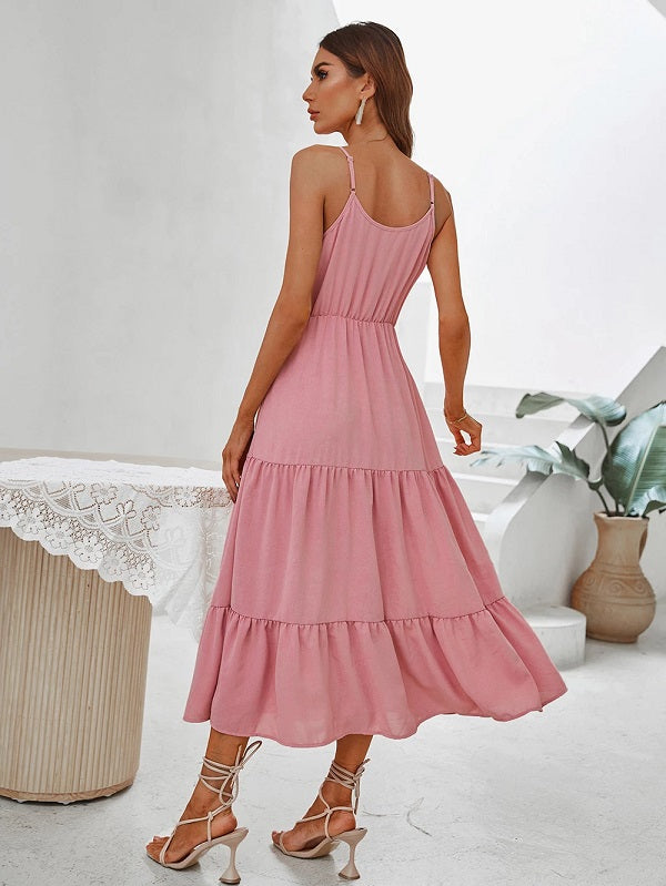 Elegant Hollow Out Ruffle High Waist Midi Dress